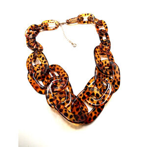 Signed 1946 Faux Tortoise Shell Acrylic Gold Tone Chunky Necklace 24"